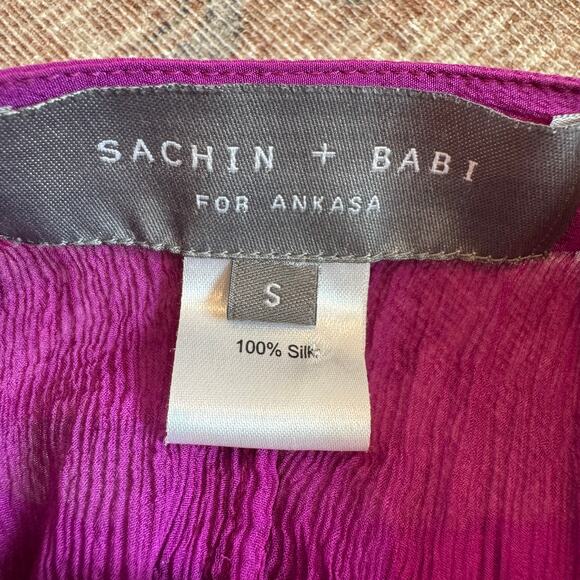 Sachin & Babi Silk Mock Neck Purple Sheer Ruched Sleeve Blouse Small - Picture 6 of 7